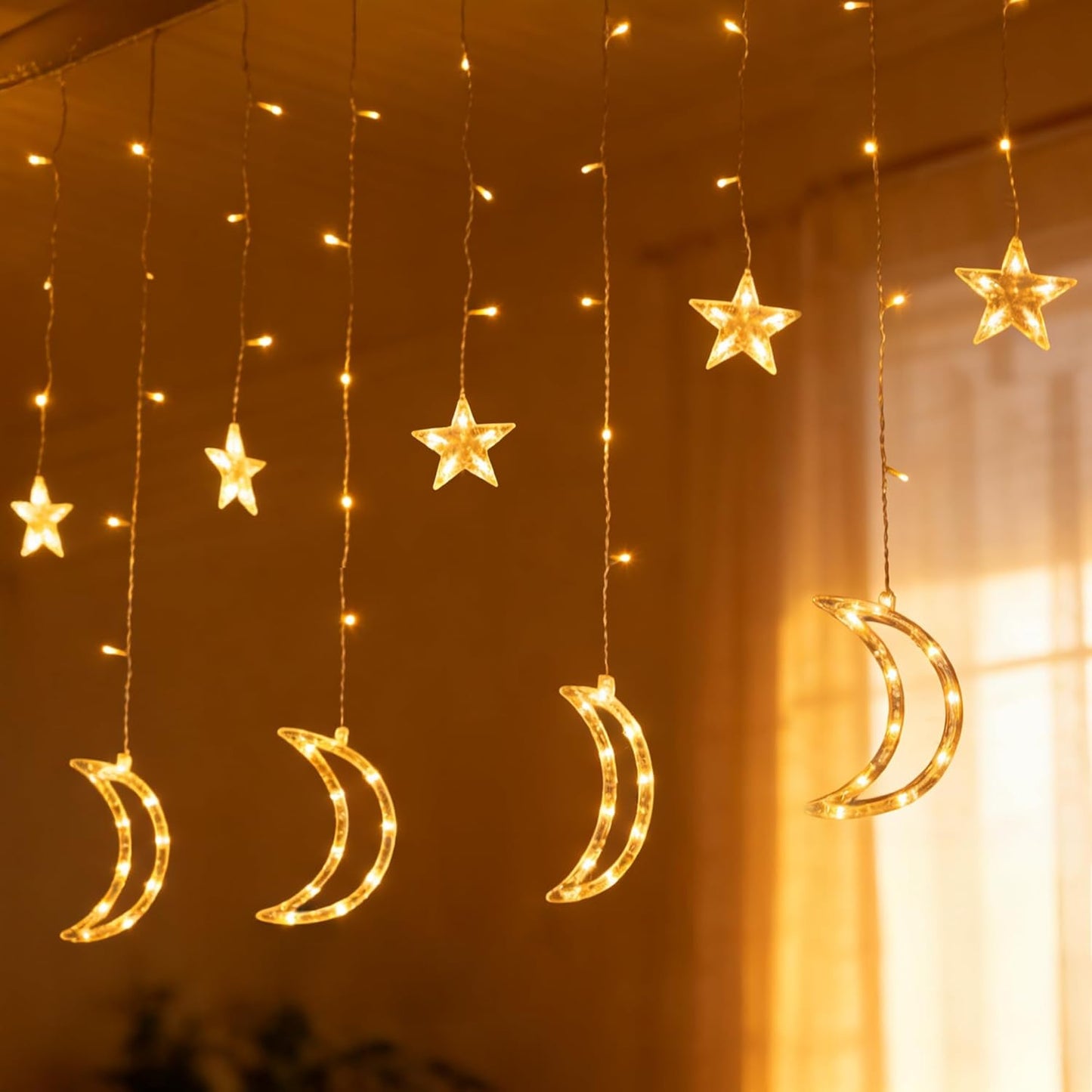 TW SHINE Star & Moon Curtain String Lights - 138 LED, 8 Modes, Waterproof, 8.2 FT for Ramadan Decor