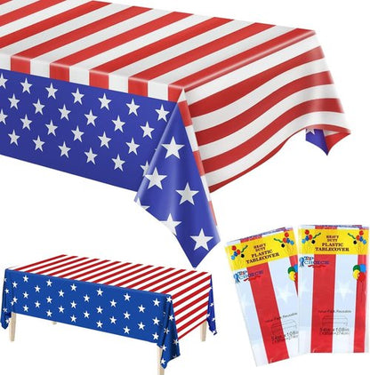 Independence Day Tablecloth - 2 Pack Waterproof Plastic Rectangle Covers | 54x108 in for Patriotic Celebrations