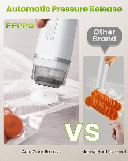 FEPPO Vacuum Sealer - Handheld Food Saver with Visible Water Tank & 30 Reusable Bags | Compact Design, White