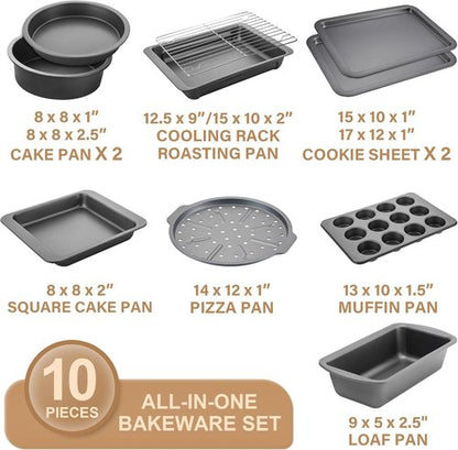 HONGBAKE Nonstick Bakeware Set - 10-Piece Kitchen Baking Pans with Wider Grips | Grey