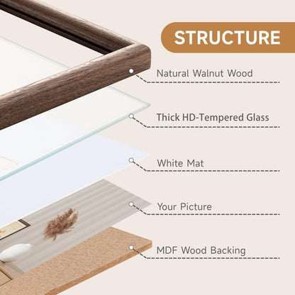 11x14 Picture Frame Set of 3 - Solid Walnut Wood Picture Frames with HD Tempered Glass, Handcrafted Rounded Corner 11 x 14 Wooden Frame Matted to 8x10 Photos, Horizontal or Vertical Wall Display