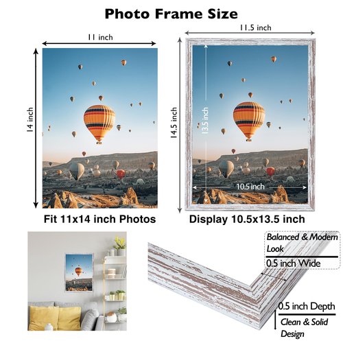 JCJMY 11x14 Picture Frame Rustic White for Wall Hanging, Wall Mounting Horizontally or Vertically, 11 x 14 Wall Gallery Poster Photo Frame with Shatter Resistant Plexiglass, Rustic White