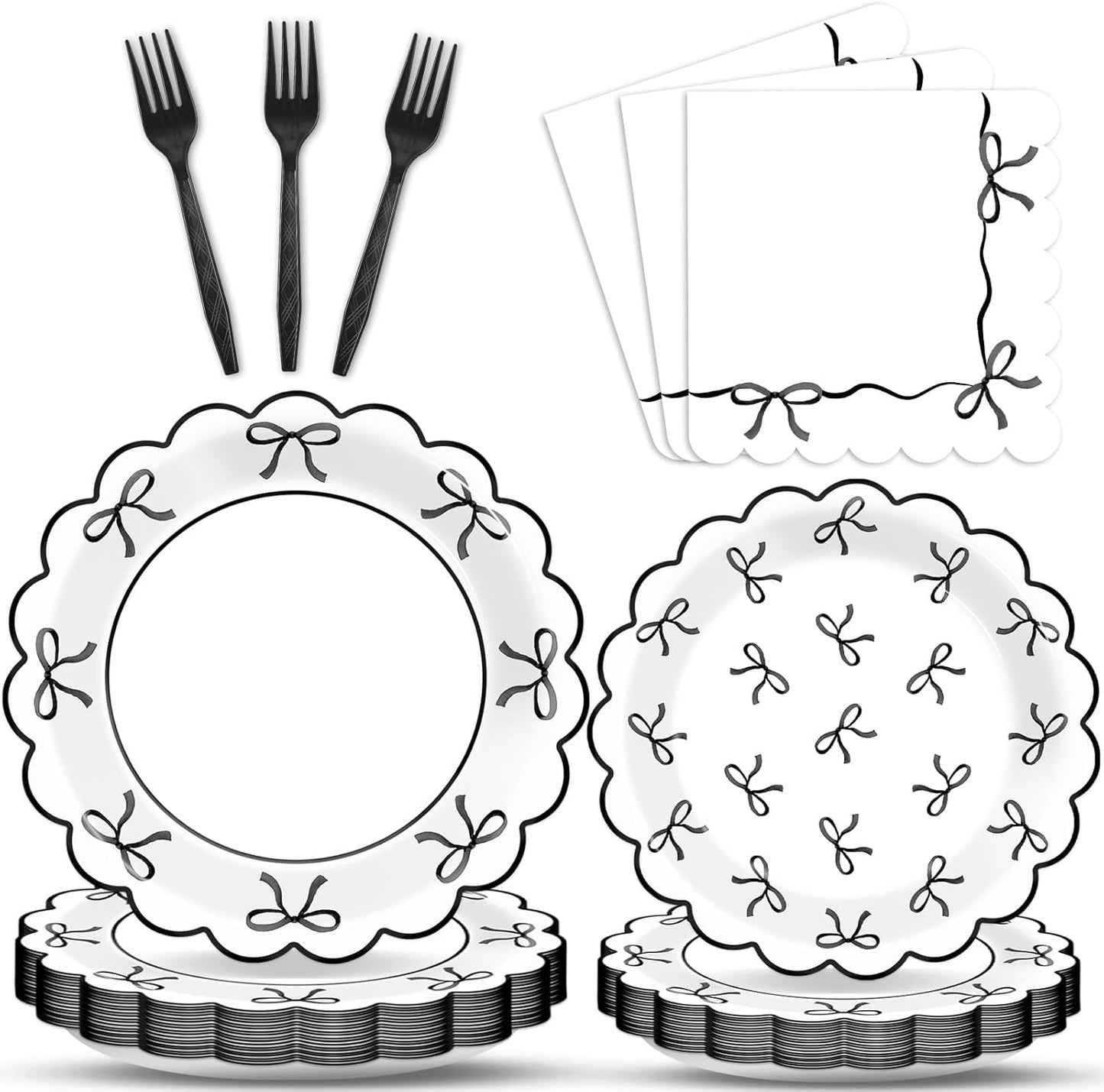 Skiennix 96-Piece Black & White Bow Party Decorations - Elegant Tableware for Birthdays & Showers, Serves 24