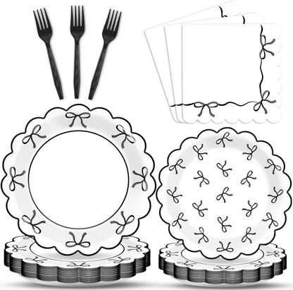 Skiennix 96-Piece Black & White Bow Party Decorations - Elegant Tableware for Birthdays & Showers, Serves 24