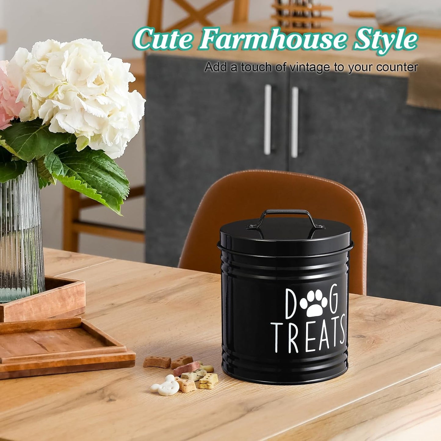 OUTNILI Dog Treat Container - Airtight Black Jar for Kitchen | 6.6" Tall X 6" Round, Rustic Storage for Pets