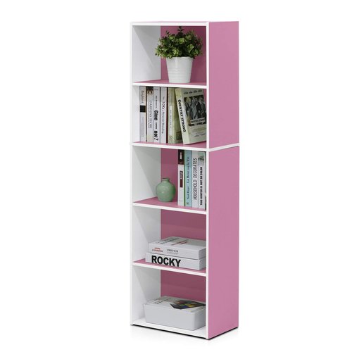 Furinno LUDER Book Shelf, 5-Tier Bookshelf, Bookcase with Open Shelves, 9.4 x 15.8 x 52, Easy Assembly, for Living Room, Bedroom, Home Office, White/Pink
