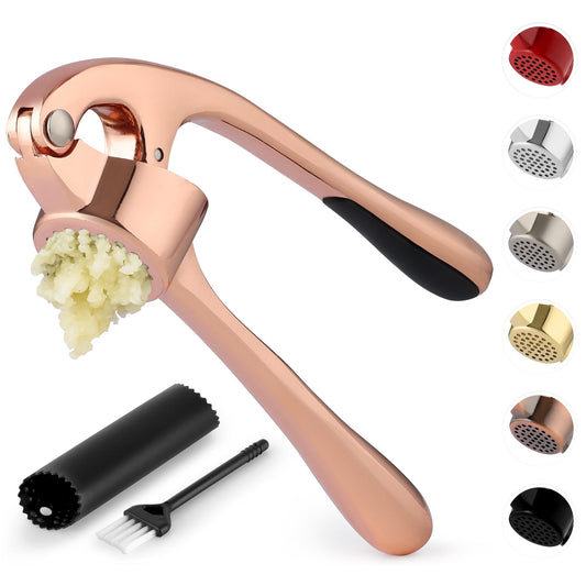 Zulay Kitchen Premium Garlic Press Set - Rust Proof & Dishwasher Safe Professional Garlic Mincer Tool - Easy-Squeeze, Easy-Clean with Soft Handle - Silicone Garlic Peeler & Brush (Rose Gold)