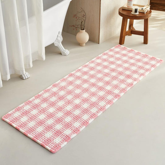 TYUU Waffle Runner Rug Bathroom, Long Boho Bathroom Rugs Non Slip Washable Absorbent Checkered Bathroom Mat Quick Dry Cute Bath Mat, 72"x24" Pink and White