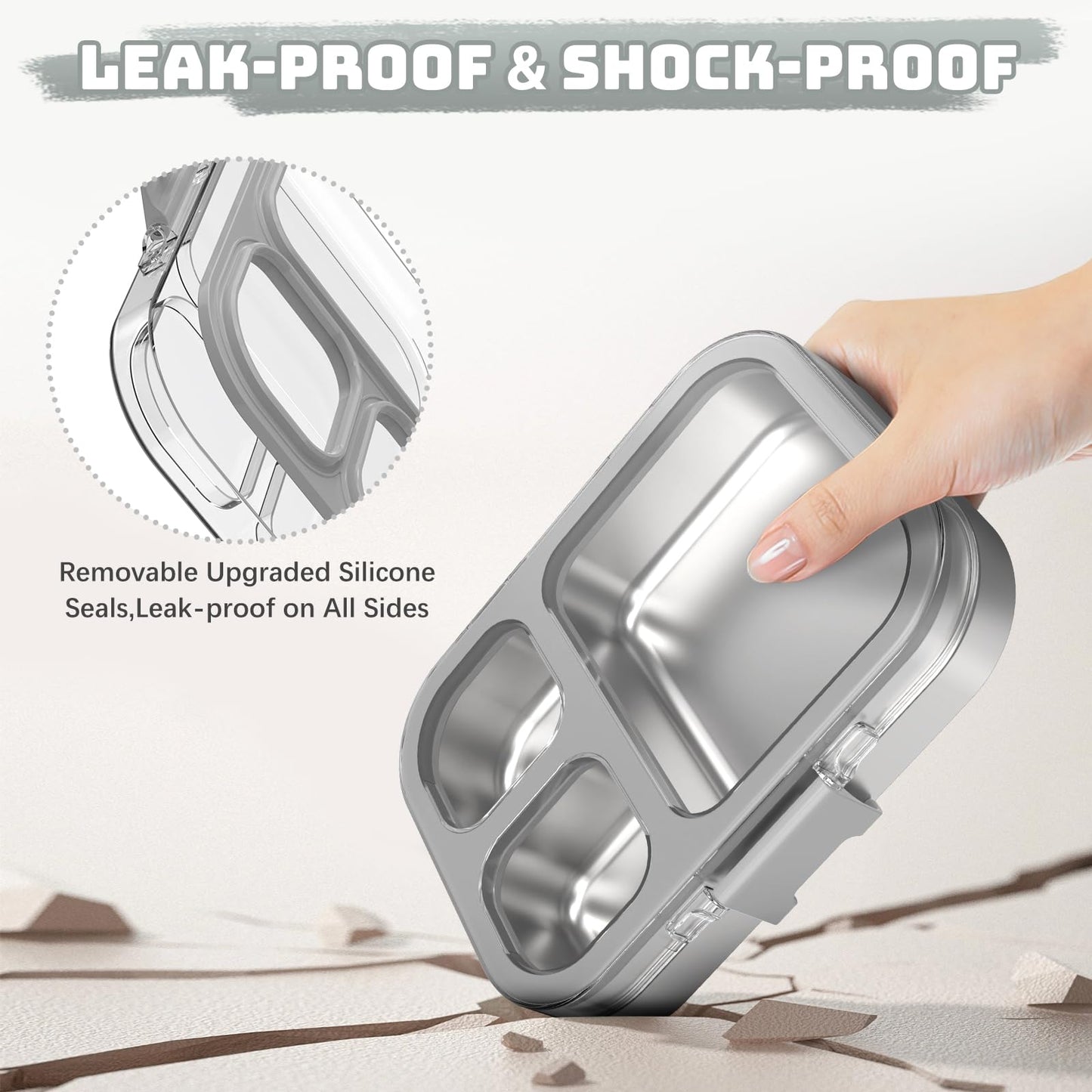 LOHASOK Kids Stainless Steel Bento Box with Silicone Lid Leak-proof Toddlers Lunch Container 3 Compartments Dishwasher Safe Grey