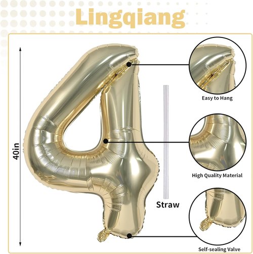 Champagne Gold Foil Balloon Number 4 - 40'' Giant Self-Inflating Helium Balloon for 4th Birthday Celebrations