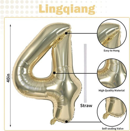 Champagne Gold Foil Balloon Number 4 - 40'' Giant Self-Inflating Helium Balloon for 4th Birthday Celebrations