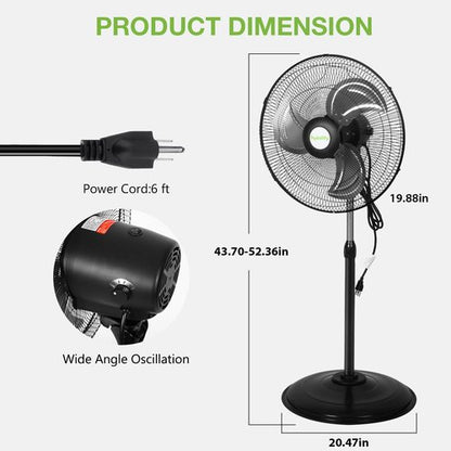 hykolity 18" 3850 CFM High Velocity Pedestal Oscillating Fan, 3-Speed Heavy Duty Industrial Metal Standing Fan with Aluminum Blades for Garage, Warehouse, Commercial and Residential