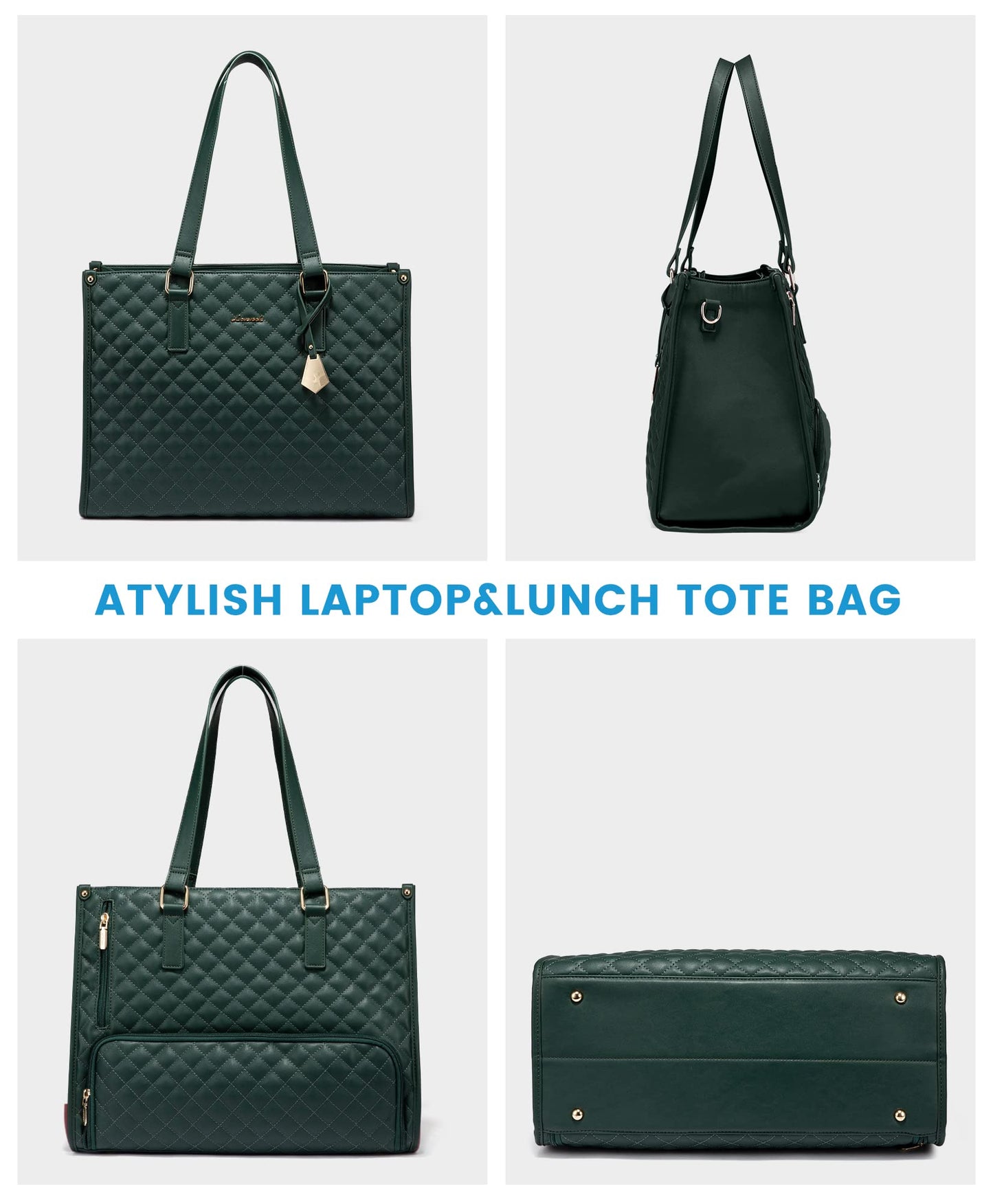 LOVEVOOK Lunch Tote Bag for Women, 15.6 Inch Laptop Bag with Insulated Lunch Compartment, Quilted Large Capacity Computer Handbag with Purse for Business, Work, Nurse, Collage, Office, Casual, Green