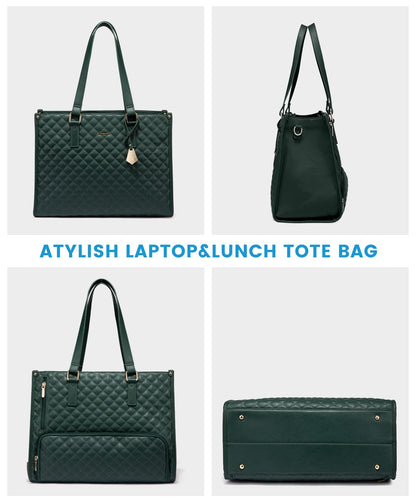 LOVEVOOK Lunch Tote Bag for Women, 15.6 Inch Laptop Bag with Insulated Lunch Compartment, Quilted Large Capacity Computer Handbag with Purse for Business, Work, Nurse, Collage, Office, Casual, Green