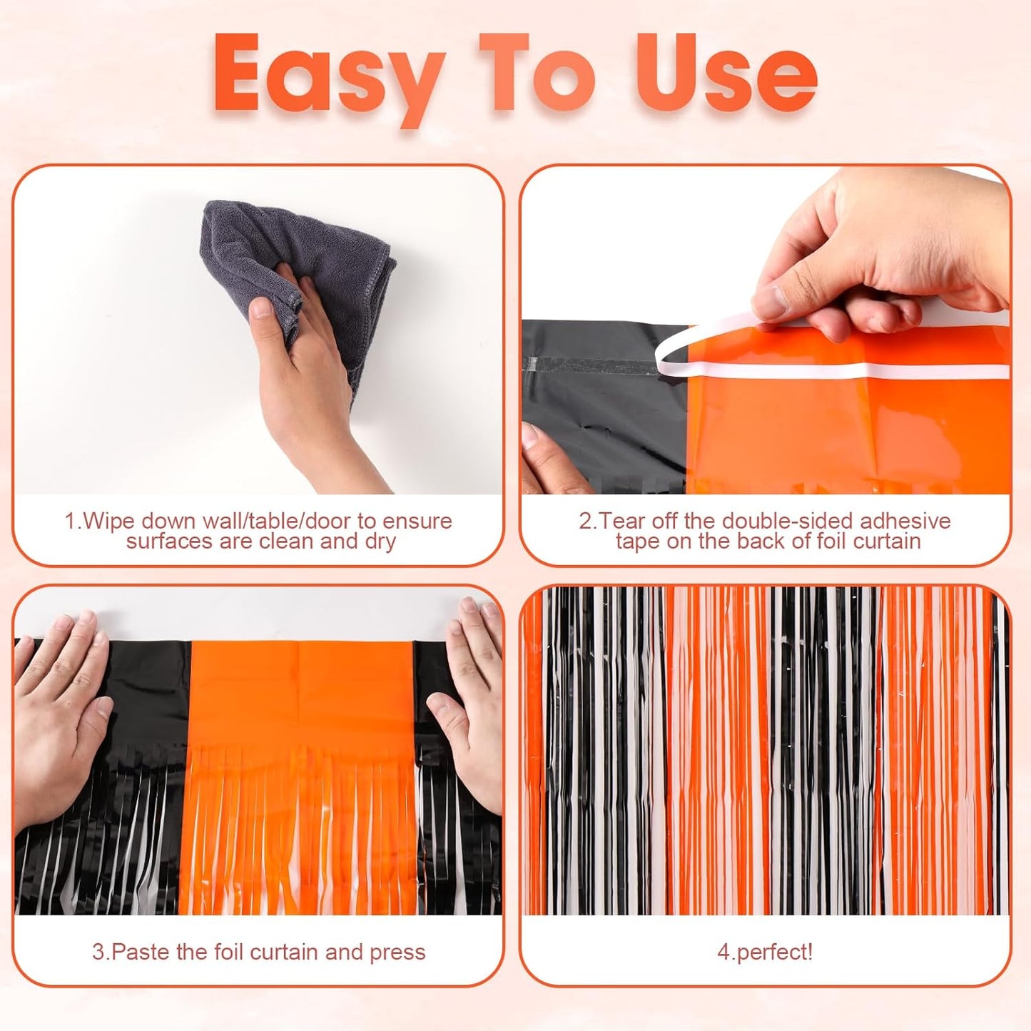 Voircoloria 3 Pack Black & Orange Foil Fringe Backdrop Curtains - Tinsel Streamers for Parties & Events