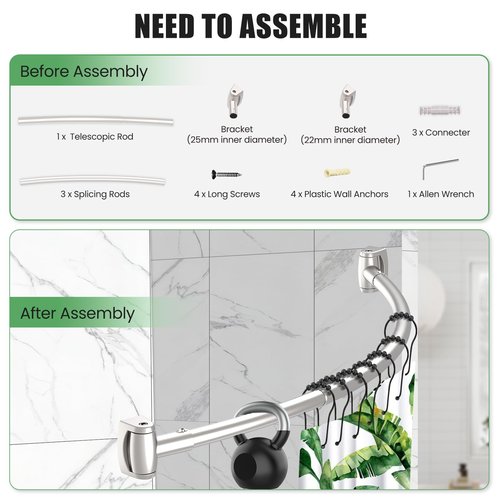 Brushed Nickel Curved Shower Curtain Rod 33-78 Inches Adjustable Splicing Design Curved Shower Rods Round Shower Curtain Rod Rust Proof Stainless Steel Curved Shower Rods For Bathroom Need to Drill