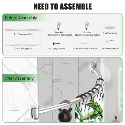 Brushed Nickel Curved Shower Curtain Rod 33-78 Inches Adjustable Splicing Design Curved Shower Rods Round Shower Curtain Rod Rust Proof Stainless Steel Curved Shower Rods For Bathroom Need to Drill