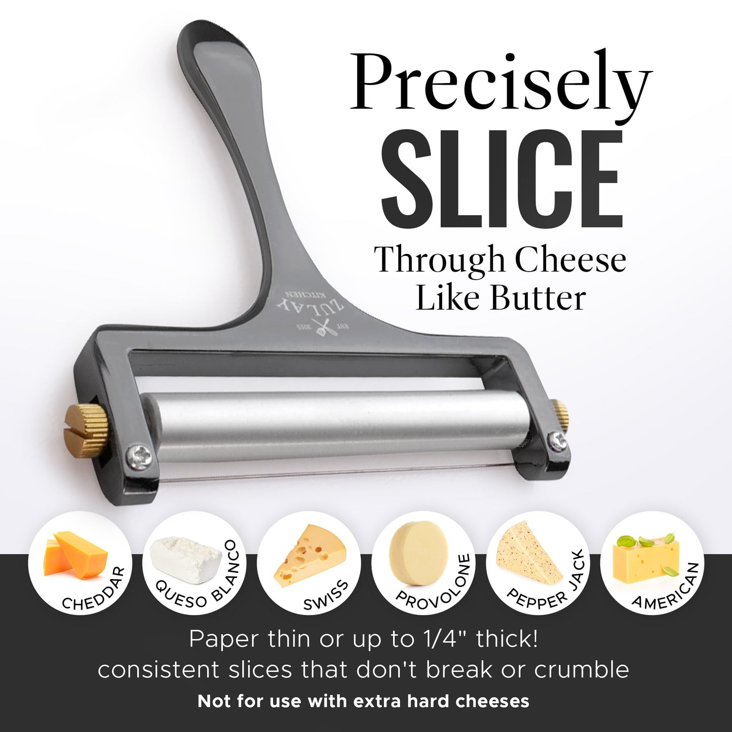 Zulay Kitchen Stainless Steel Wire Cheese Slicer - Adjustable Hand Held Cheese Cutter with 2 Extra Wires - Premium Cheese Shaver For Mozzarella, Cheddar, Gruyere - Cheese Cutter with Wire (Gunmetal)