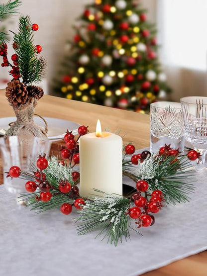 Christmas Candle Rings - Decorative Wreath Garland for 3" Dia Pillar Candles | Artificial Red Berries