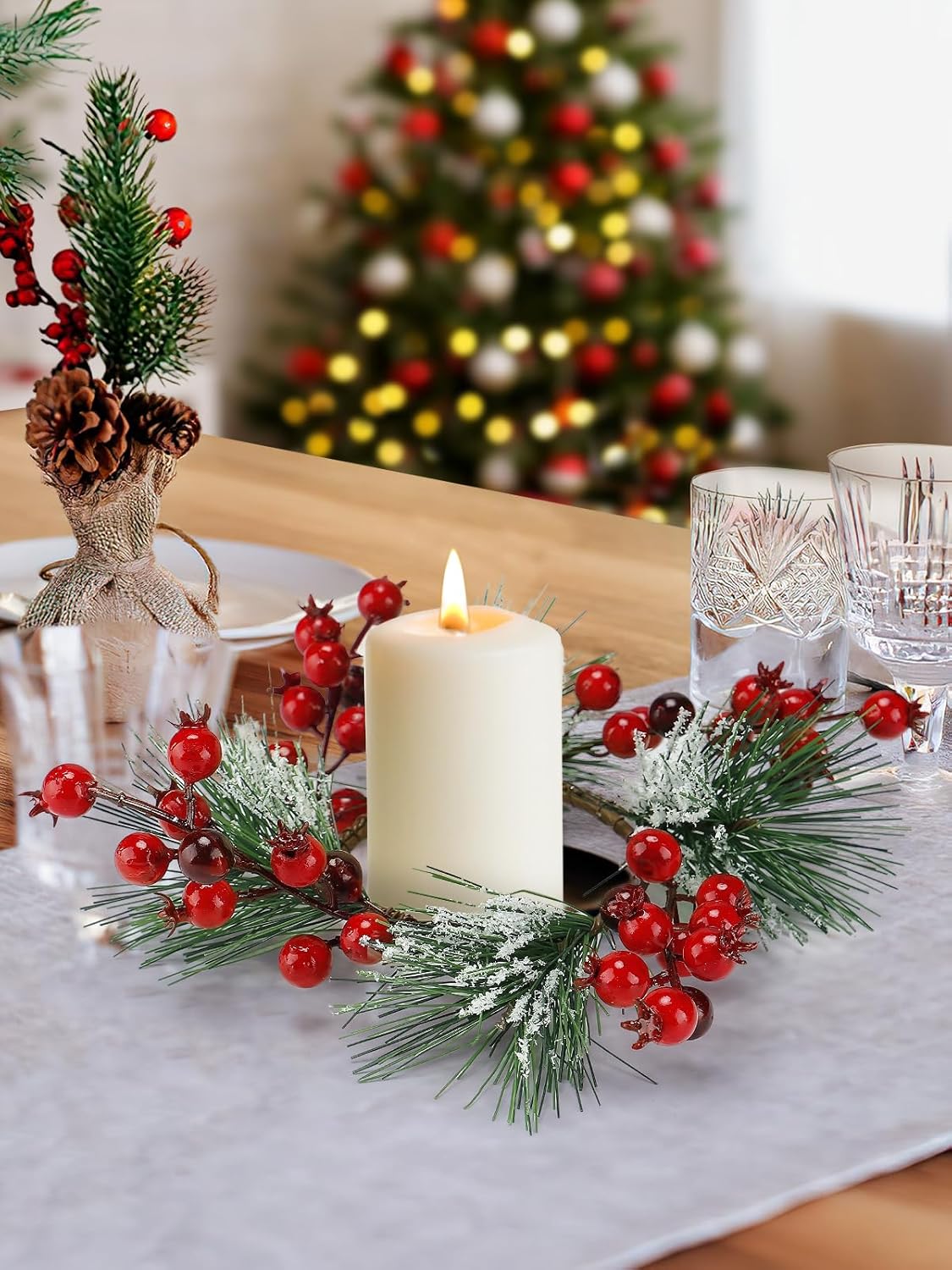 Regine Switzerland Christmas Candle Rings - Wreath Garland for 3" Dia Pillar Candles | Artificial Red Berries Decor