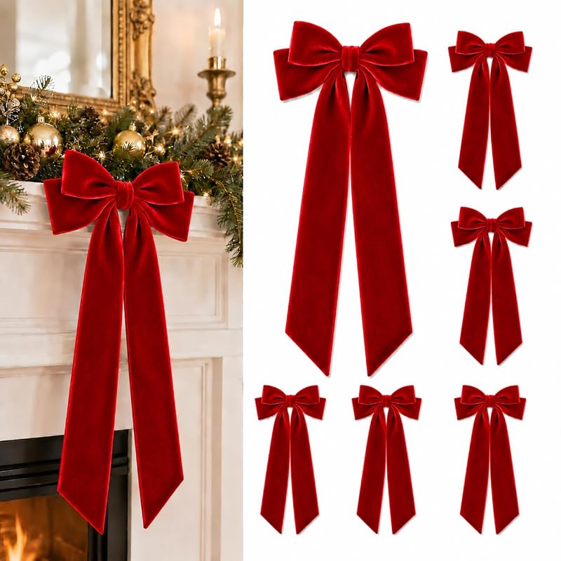 Large Velvet Christmas Bows - 20x9 in Double-Bow Pro Garden & Tree Decor (Red) - 6 Pack