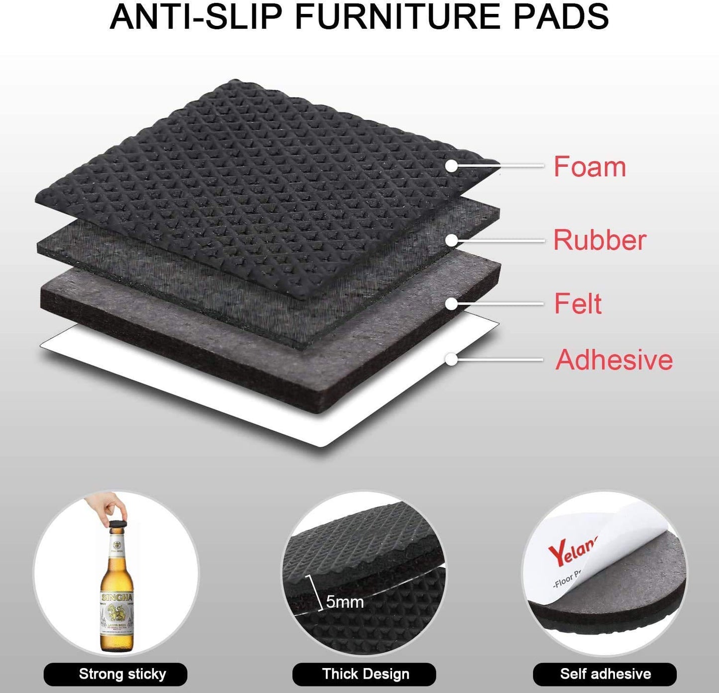 Yelanon Non Slip Furniture Pads -56 pcs（1+2）” Furniture Grippers, Non Skid Furniture Legs,Self Adhesive Rubber Furniture Feet, Anti Slide Furniture Hardwood Floor Protector for Keep Couch Stoppers