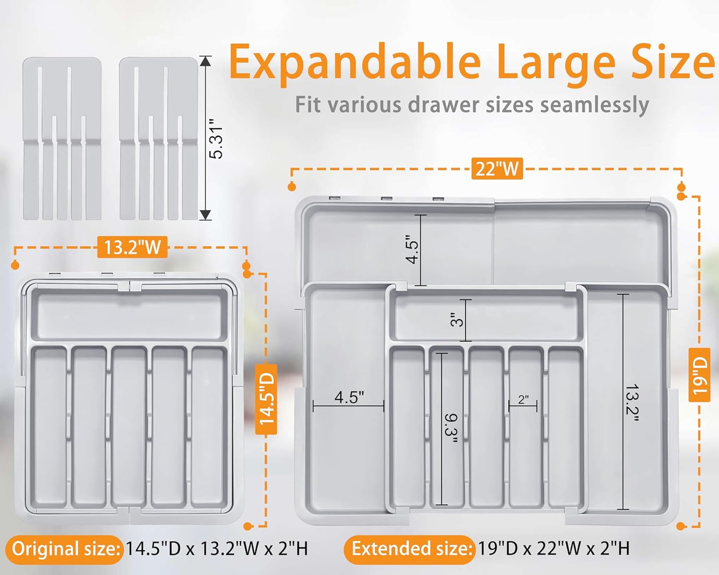 Silverware Drawer Organizer - Adjustable Utensil Holder with Knife Block | BPA-Free Expandable Storage (Grey)