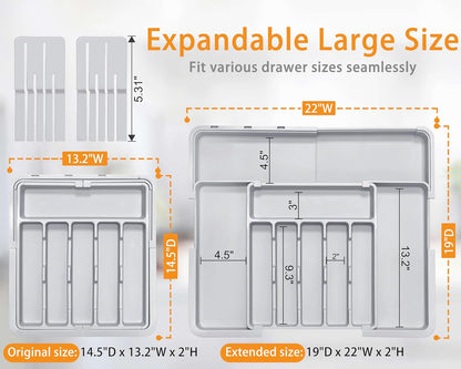 Silverware Drawer Organizer - Adjustable Utensil Holder with Knife Block | BPA-Free Expandable Storage (Grey)