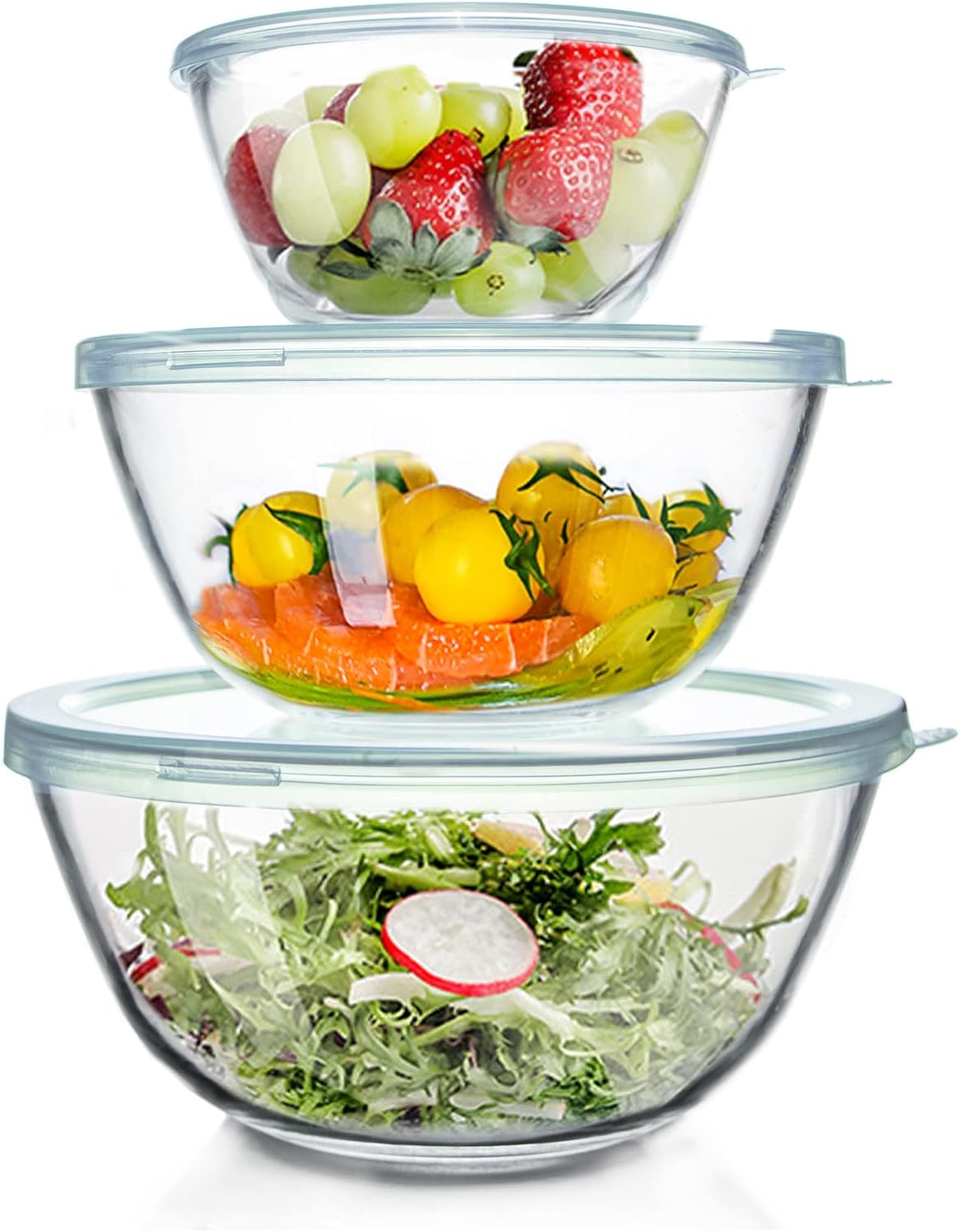 WhiteRhino Glass Mixing Bowls Set - Space-Saving Nesting Bowls with Lids | 4.5QT, 2.7QT, 1.1QT