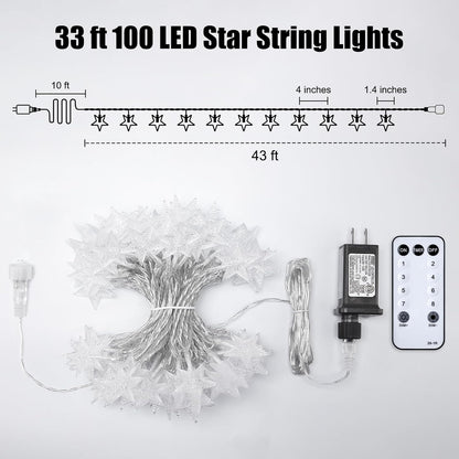 Star String Lights - 33 Ft 100 LED Waterproof Fairy Lights with Remote & Timer | Perfect for Bedroom, Patio & Parties