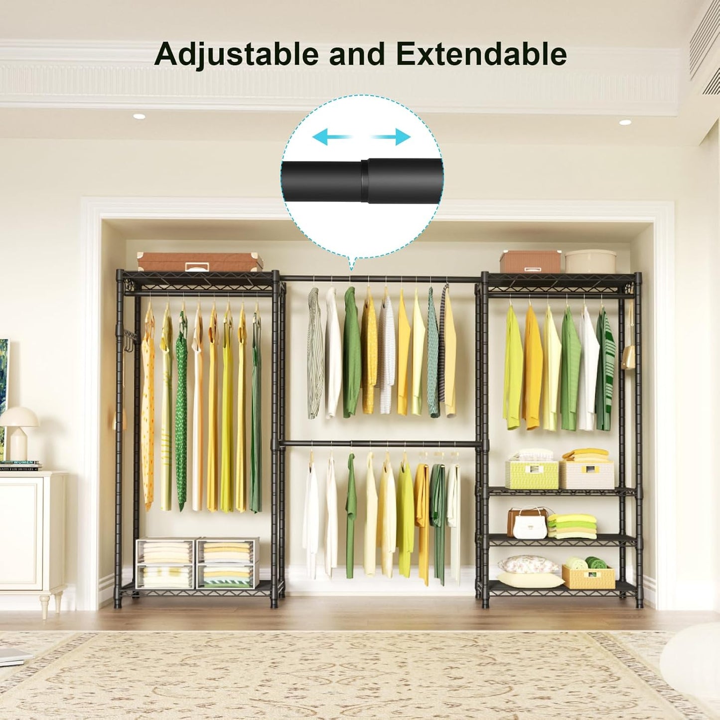 Ulif E1 Heavy Duty Closet Garment Rack - 6-Tier Adjustable Metal Storage | Expandable Wardrobe, Black, 71.4" H x 70"-88.2" L x 14" D