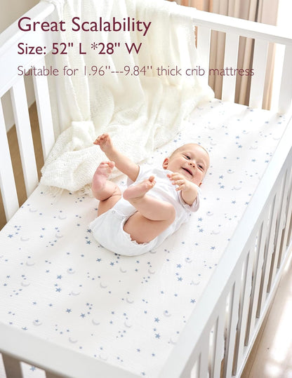 Momcozy Fitted Crib Sheets - Soft Breathable Natural Cotton, 2 Pack, 52"x28", Blue Star Moon Design