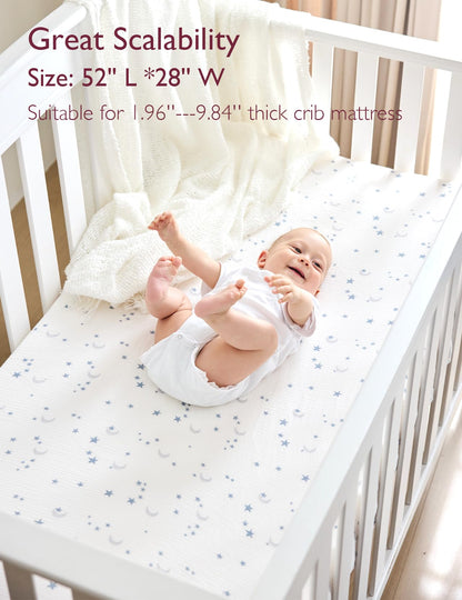 Momcozy Muslin Standard Fitted Crib Sheets, 52"x28", 2 Pack Soft Breathable Natural Cotton Baby Mattress Sheet, 360° Mattress Wrapping No Slip Boys Girls Neutral Toddler Bed Sheet, Blue Star Moon