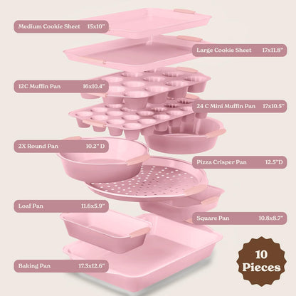 Country Kitchen Nonstick Bakeware Set - Heavy Duty, Durable & Easy Release, Pink | 10 Pieces