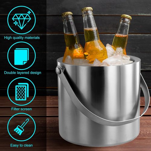Ice Bucket with Lid Strainer Tong,2QT Double Walled Stainless Steel Insulated Ice Bucket Container,Good Sealing Ice Cube Bucket with Cover for Chilling Beer Cocktail Bar Parties