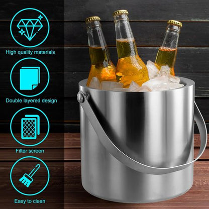 Ice Bucket with Lid Strainer Tong,2QT Double Walled Stainless Steel Insulated Ice Bucket Container,Good Sealing Ice Cube Bucket with Cover for Chilling Beer Cocktail Bar Parties