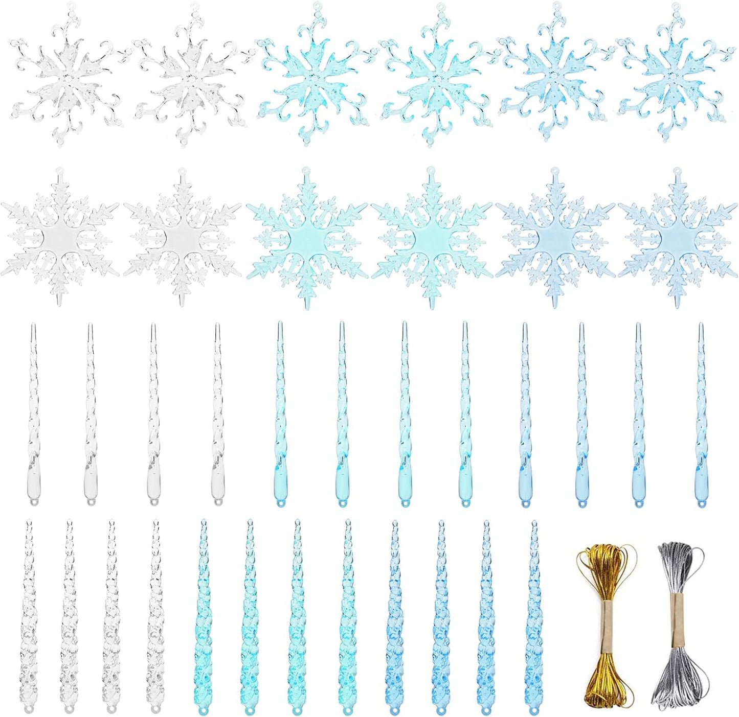 VGOODALL Clear Snowflake & Icicle Ornaments - 36PCS Acrylic Christmas Tree Decorations | Gold & Silver Strings