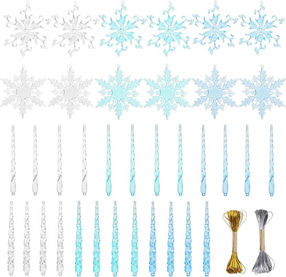 VGOODALL Clear Snowflake & Icicle Ornaments - 36PCS Acrylic Christmas Tree Decorations | Gold & Silver Strings