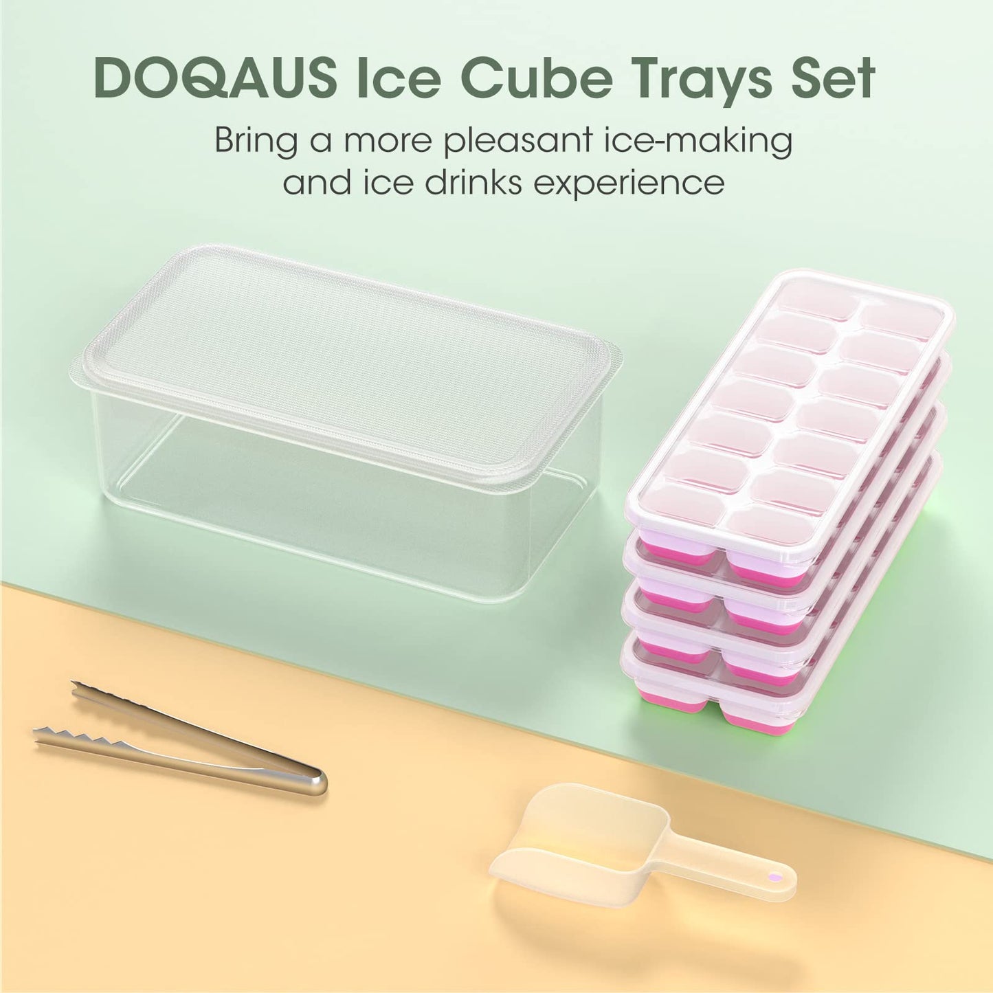 DOQAUS Ice Cube Tray with Lid and Ice Bucket, Silicone Ice Cube Trays for Freezer with Ice Box, 4 Pack Ice Trays with Ice Container for Cocktails, Stackable Ice Maker with Storage Ice Bin