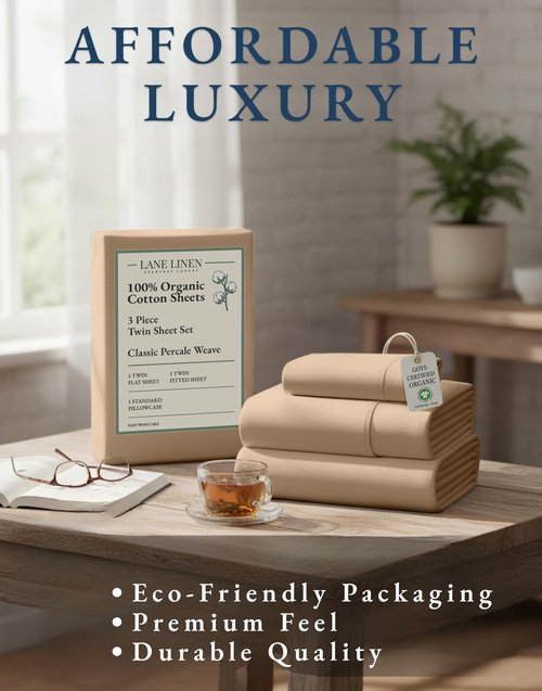LANE LINEN 100% Organic Cotton Sheets Set Pure Long- Staple Percale Weave - Bedding for Bed Fits Mattress Upto 15in Deep Pocket (Twin Taupe)