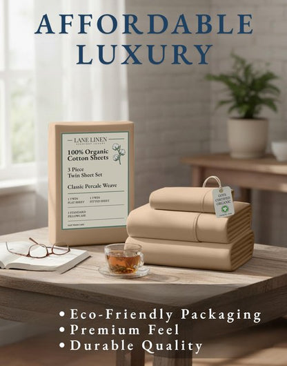 LANE LINEN 100% Organic Cotton Sheets Set Pure Long- Staple Percale Weave - Bedding for Bed Fits Mattress Upto 15in Deep Pocket (Twin Taupe)