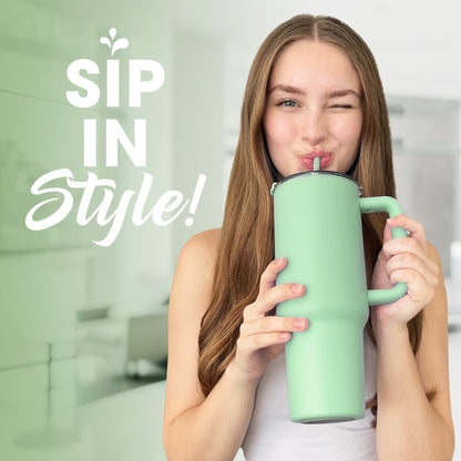 osse 40oz Tumbler with Handle and Straw Lid | Double Wall Vacuum Reusable Stainless Steel Insulated Water Bottle Travel Mug Cup | Modern Insulated Tumblers Cupholder Friendly (Sage)