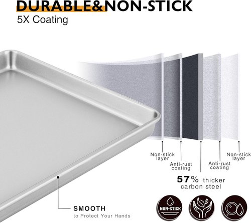 HONGBAKE Nonstick Half Baking Sheet Pan Set of 2 | Heavy Duty Cookie Trays - Dishwasher Safe, Silver