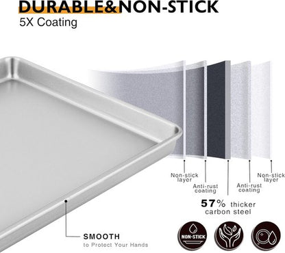 HONGBAKE Nonstick Half Baking Sheet Pan Set of 2 | Heavy Duty Cookie Trays - Dishwasher Safe, Silver