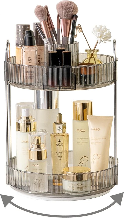 Asayuee 360° Rotating Makeup Organizer - Large Capacity Skincare & Perfume Storage | Grey
