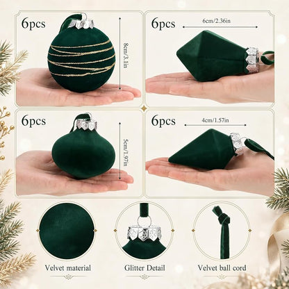 Green Velvet Christmas Ball Ornaments - 24pc Shatterproof Flocked Xmas Decorations (Variation: Green+24)