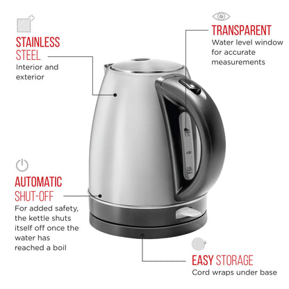 Chefman Stainless Steel Electric Kettle w/ 360° Swivel Base, Auto Shut Off & Boil Dry Protection, BPA-Free Interior and Cool-Touch Handle, 7+ Cup Capacity, 1.7 Liter, 1500W