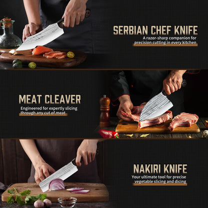 TIJERAS Butcher Knife Set, 3PCS Hand Forged Chef Knife Set, Serbian Chef Knife & Meat Cleaver Knife & Nakiri Knife, BBQ Knife Set for Meat Cutting, Japanese Men Camping Knife Set for Cooking