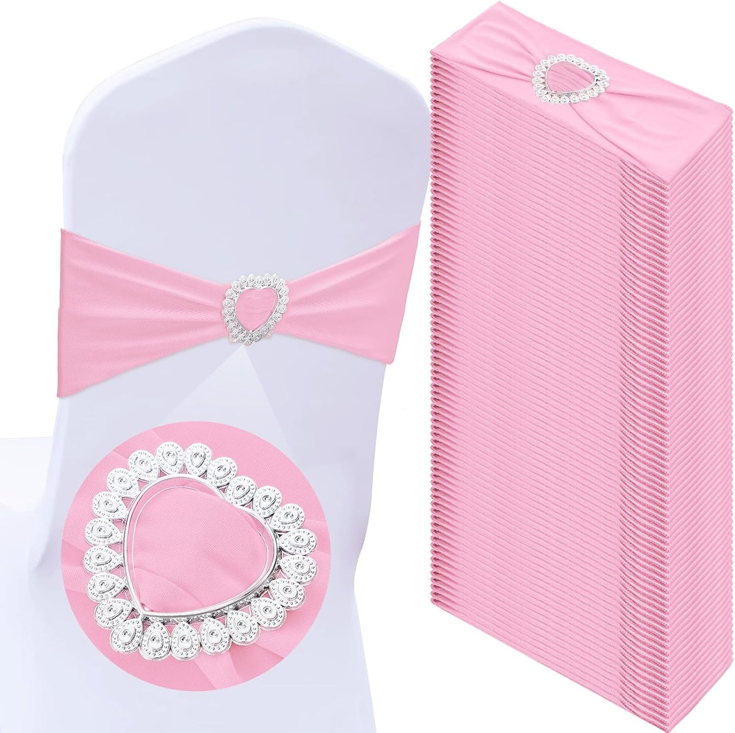 VitalCozy Spandex Chair Sashes - 50 Pcs with Heart Shaped Buckle Slider | Pink Elastic Chair Ties for Weddings & Events