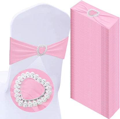 VitalCozy Spandex Chair Sashes - 50 Pcs with Heart Shaped Buckle Slider | Pink Elastic Chair Ties for Weddings & Events